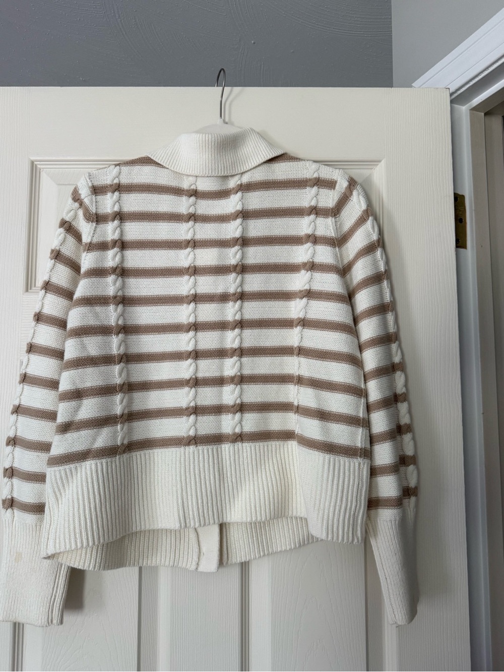 Talbots Cream and Tan Striped Collared Button-Up Cardigan - Picture 4 of 5